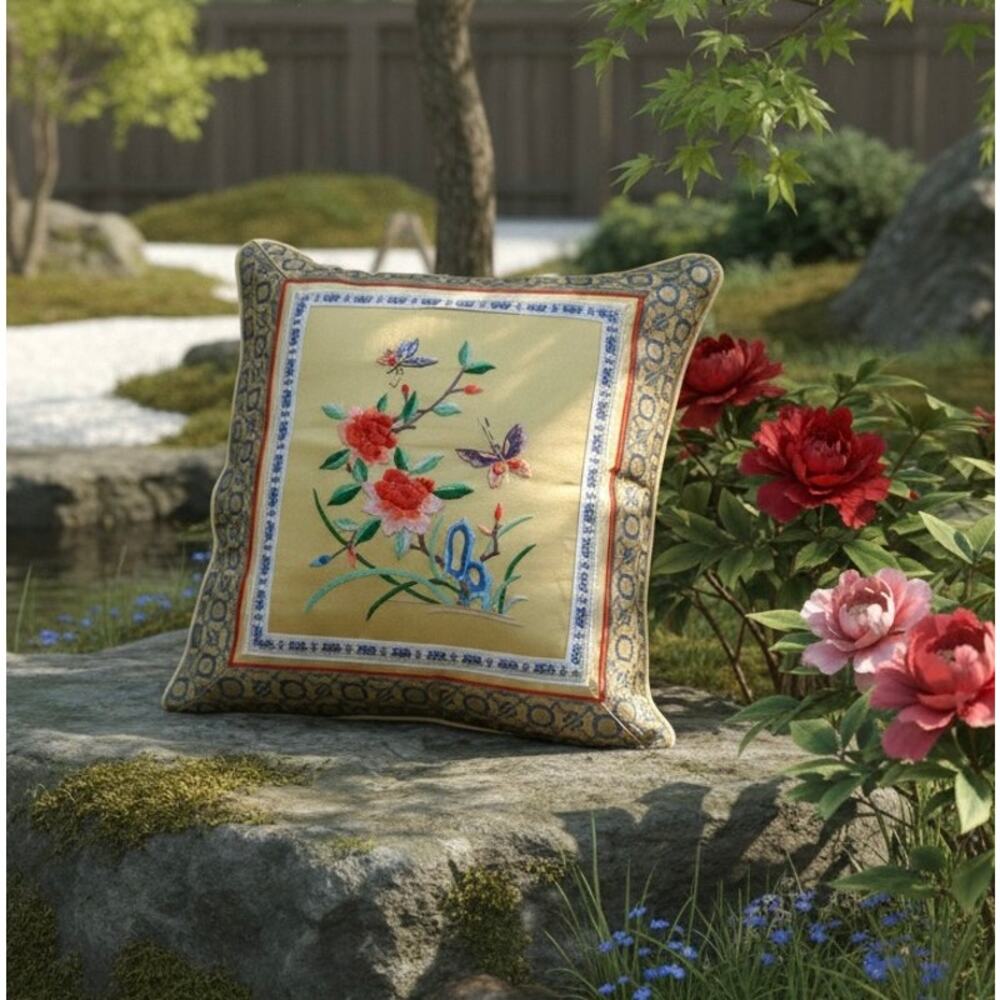 Vintage Chinese Silk Embroidered Pillow-Beijing-Peony Butterfly-Chinoiserie-Asia